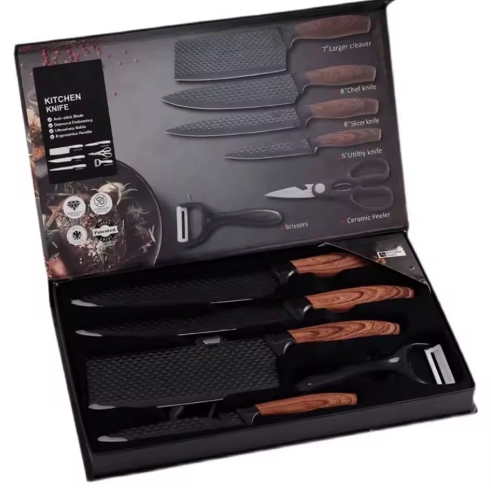 KITCHEN 6-Piece Kitchen Knife Set with Wood-Effect Handles - Black Blades